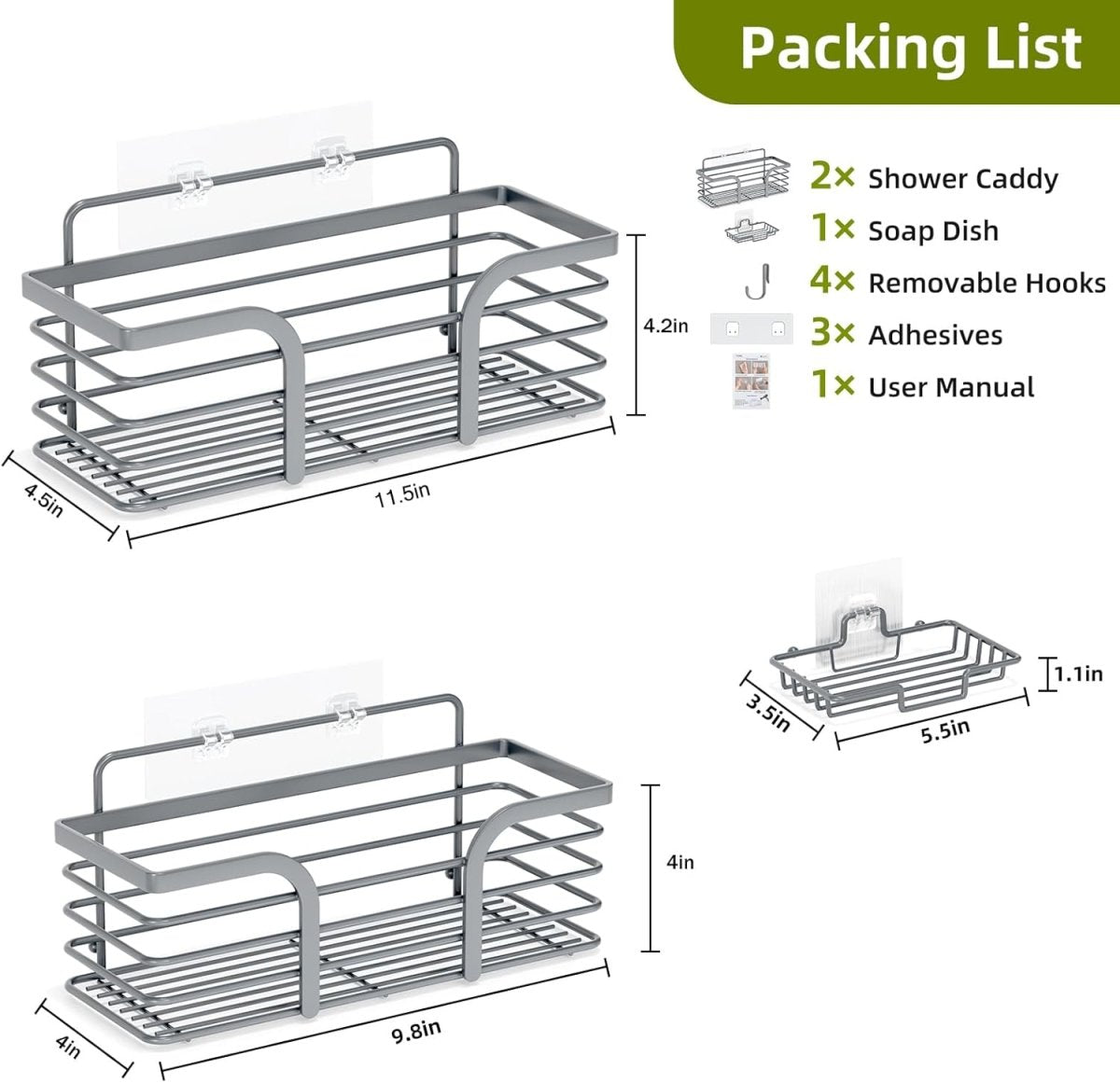 Shower Caddy, Adhesive Shower Organizer with Soap Dish and 4 Hooks, Rustproof Stainless Steel Shower Shelves, Wall Mounted No Drilling Storage Shelf Basket Accessories for Bathroom &amp; Kitchen - Homesidy.com