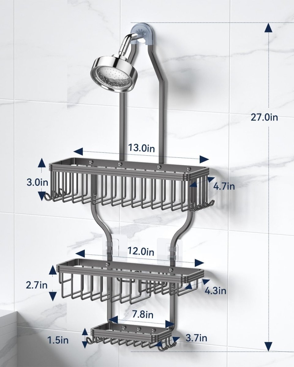 YASONIC Shower Caddy Hanging - Never Rust Shower Organizer - Aluminum Over The Head Caddy with 10 Hooks for Razor/Sponge - Rack with Soap Basket - Silver - Homesidy.com