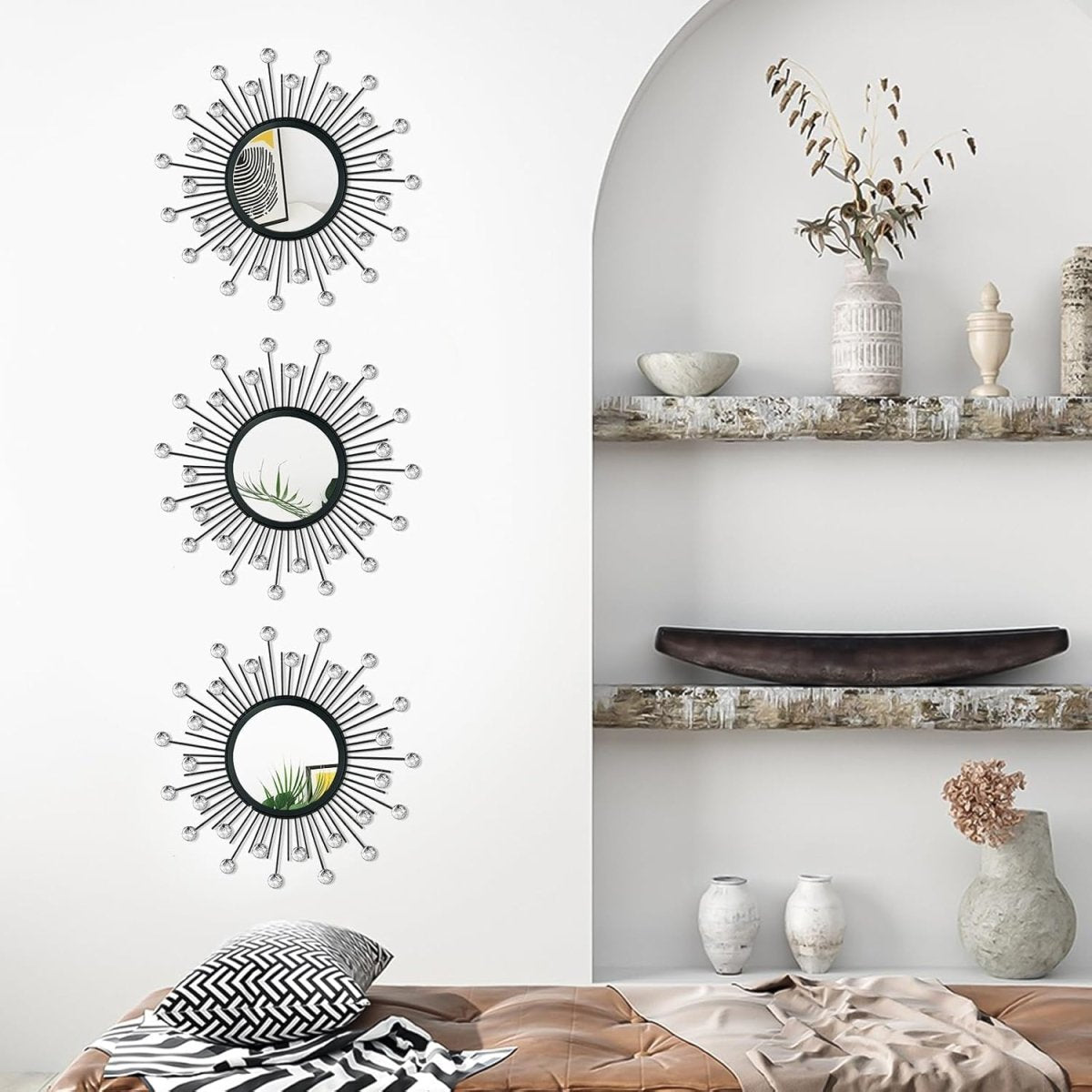 3 Pack Metal Mirrors for Wall Sunburst Wall Mirrors Home Décor Decorative Hanging Wall Art for Living Room Bedroom Entryway (Gold, Flower Sunburst) - Homesidy.com