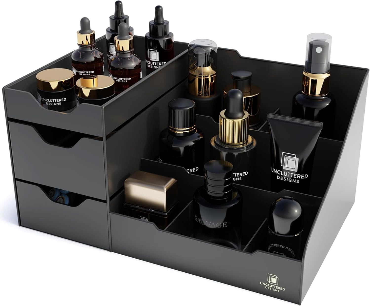 Uncluttered Designs Large Black Vanity Organizer - Countertop Mens Organizer With Drawers for Cologne, Deodorant, Beard, Shaving Lotion, Perfume &amp; Skincare - Perfect for Bathroom &amp; Bedroom Storage - Homesidy.com