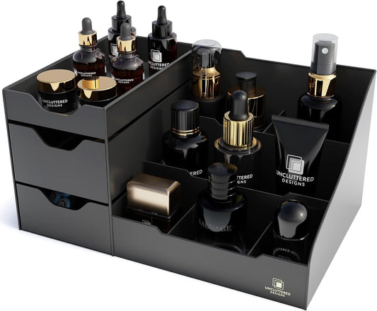 Uncluttered Designs Large Black Vanity Organizer - Countertop Mens Organizer With Drawers for Cologne, Deodorant, Beard, Shaving Lotion, Perfume &amp; Skincare - Perfect for Bathroom &amp; Bedroom Storage - Homesidy.com