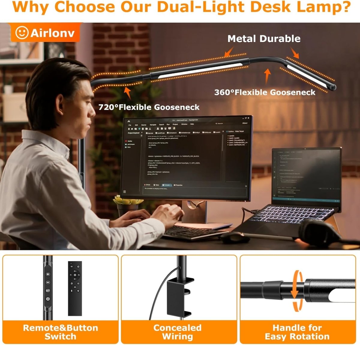 Airlonv LED Desk Lamp for Office Home, Eye - Caring Desk Light with Stepless Dimming Adjustable Flexible Gooseneck, 10W USB Adapter Desk Lamp with Clamp for Reading, Study, Workbench (Black) - Homesidy.com