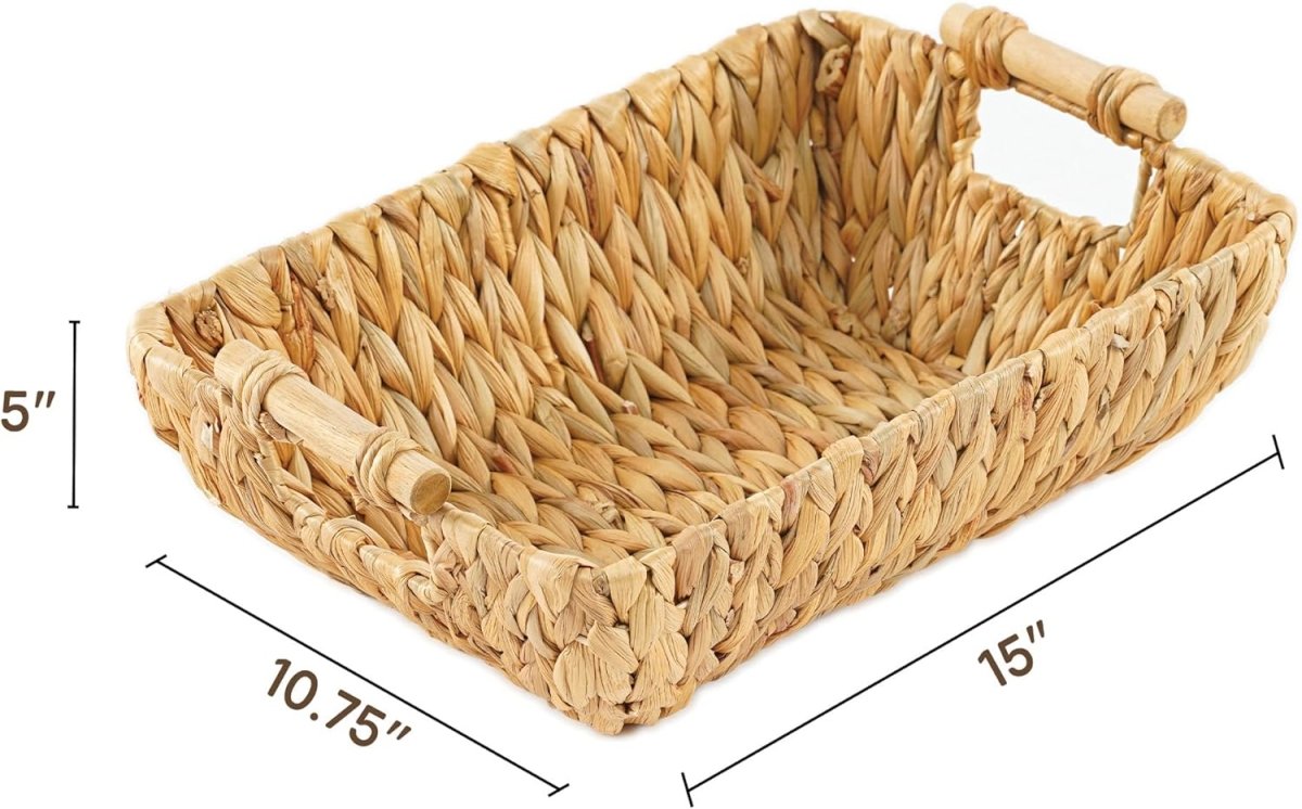 Greenatural Water Hyacinth Storage Baskets Set of 2, Handwoven Rectangular Organizer Trays with Wooden Bead Handles, Nested Wicker Bins for Shelf, Bathroom, Kitchen, Office, Natural Decor - Homesidy.com