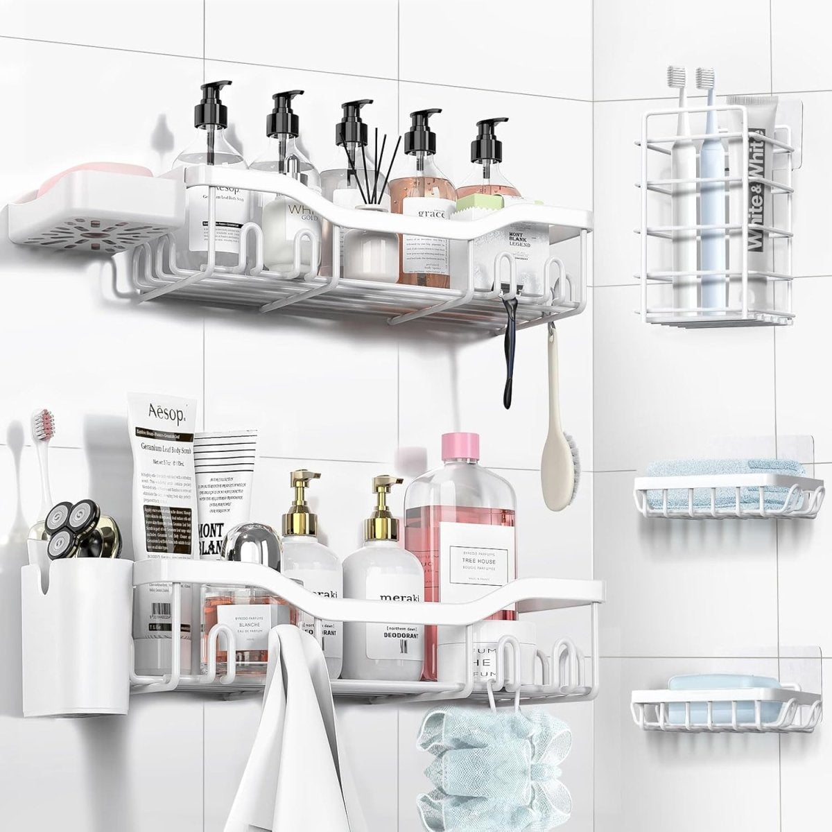 NESOMI Shower Caddy Adhesive Shower Organizer 7 - Pack, Rustproof Stainless Steel Bathroom Shelves, Large Capacity No - Drill Rack Storage Accessories with Soap Dish Toothbrush Holder &amp;24 Hooks Home Decor - Homesidy.com