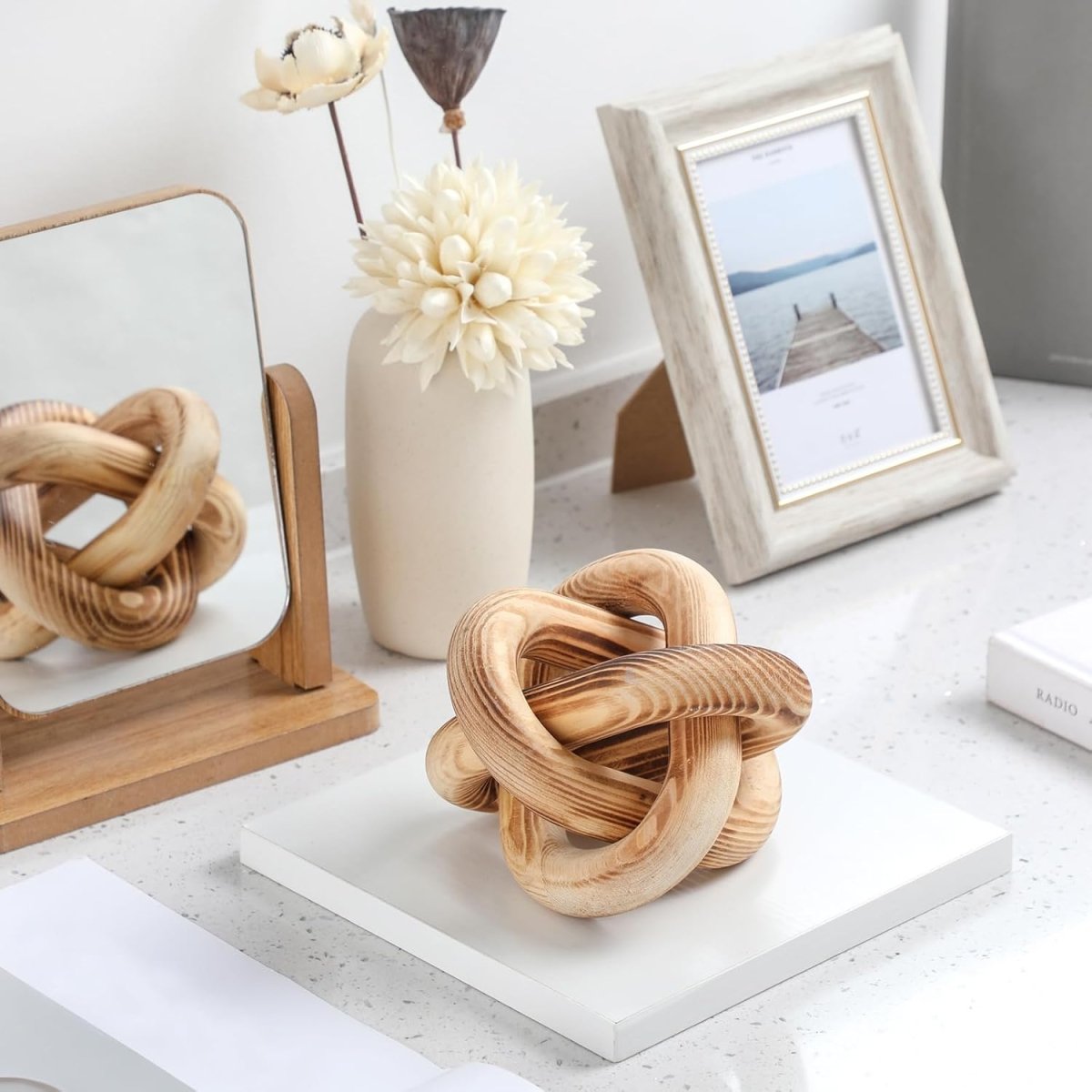 Yalikop 3 Link Wood Knot Decor - Hand Carved Coffee Table Decoration, Boho Chain Link Decor, Modern Shelf, Rustic Objects for Home Living Room Bedroom(White) - Homesidy.com