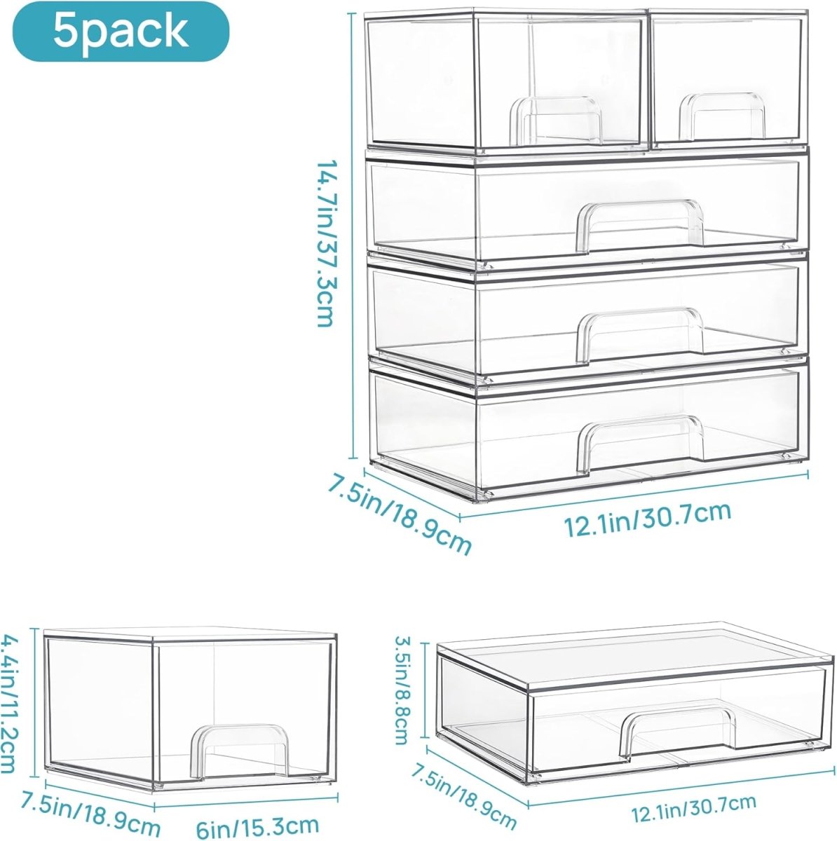 Vtopmart Stackable Storage Drawers Set of 5, Clear Plastic Organizer Bins for Baby Bottle, Beauty Supplies Storage, Ideal for Kichen Countertop, Vanity, Bathroom, Cabinet, Pantry Organization - Homesidy.com