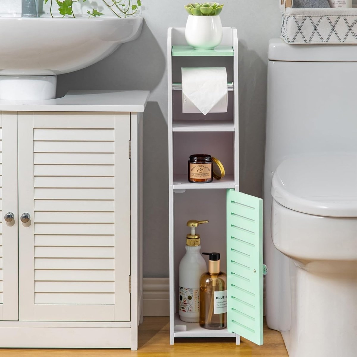 AOJEZOR Toilet Paper Holder Stand: No Drill PVC Small Bathroom Cabinet for Apartment Dwellers - Rental Deposit Protection - Small Space Storage Saving - Homesidy.com