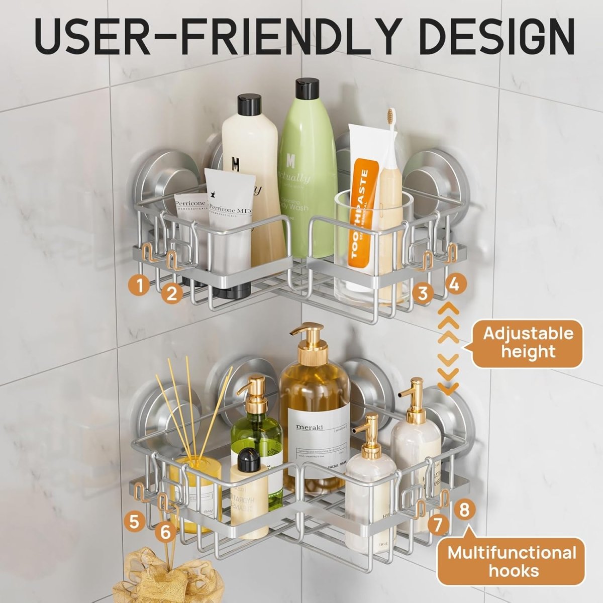 LEVERLOC Corner - adaptive Suction Cup Shower Caddies 2 Pack, Stainless Steel Rustproof Corner Shower Shelf, Large Capacity Removable Suction Cup Bathroom Organizer, Drill - Free Wall Mounted Basket, Gray - Homesidy.com
