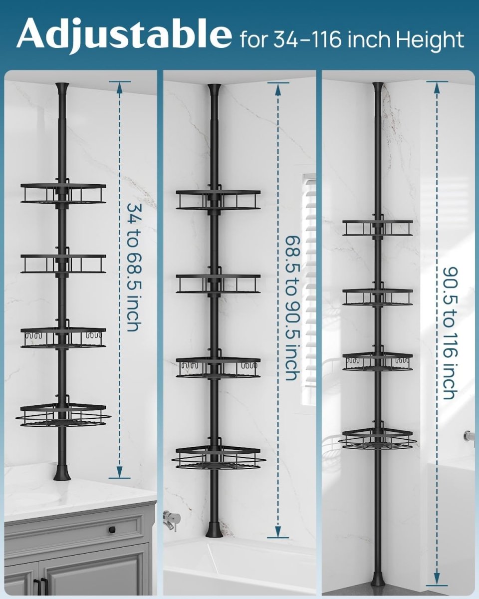 SEIRIONE Rustproof Shower Corner Caddy Organizer for Bathroom, 4 Adjustable Shelves with Tension Pole, for Bathtub Shampoo Accessories Storage Holder, 34 to 116 Inch Height - Homesidy.com