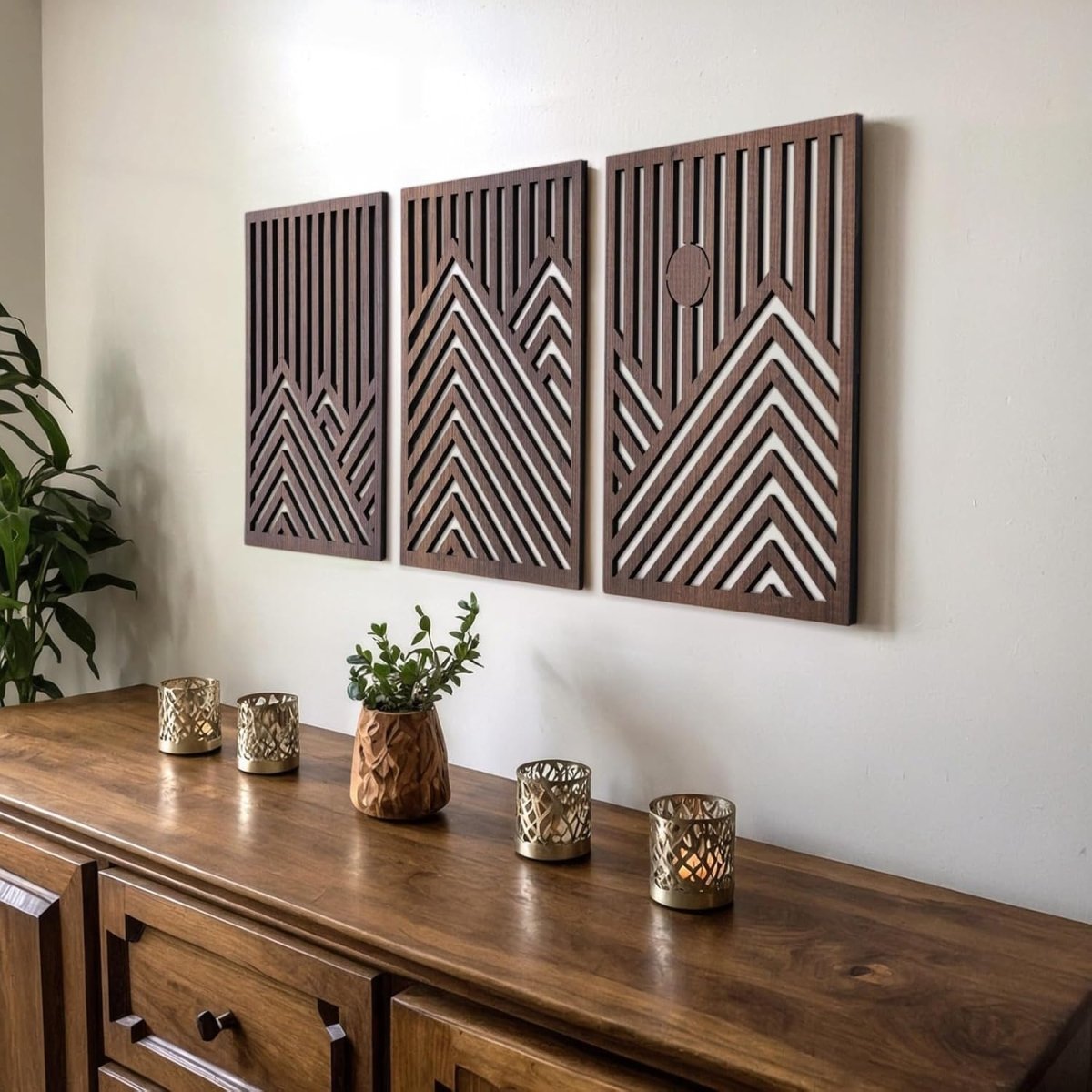 qmmp Modern Wooden Wall Sculptures - Set of 3 - MDF - Oak - Home Decor Accent - Large Wall Art for Living Room, Bedroom, Office - Easy Installation (Oak, Medium - Mountain and Sun, Unframed) - Homesidy.com