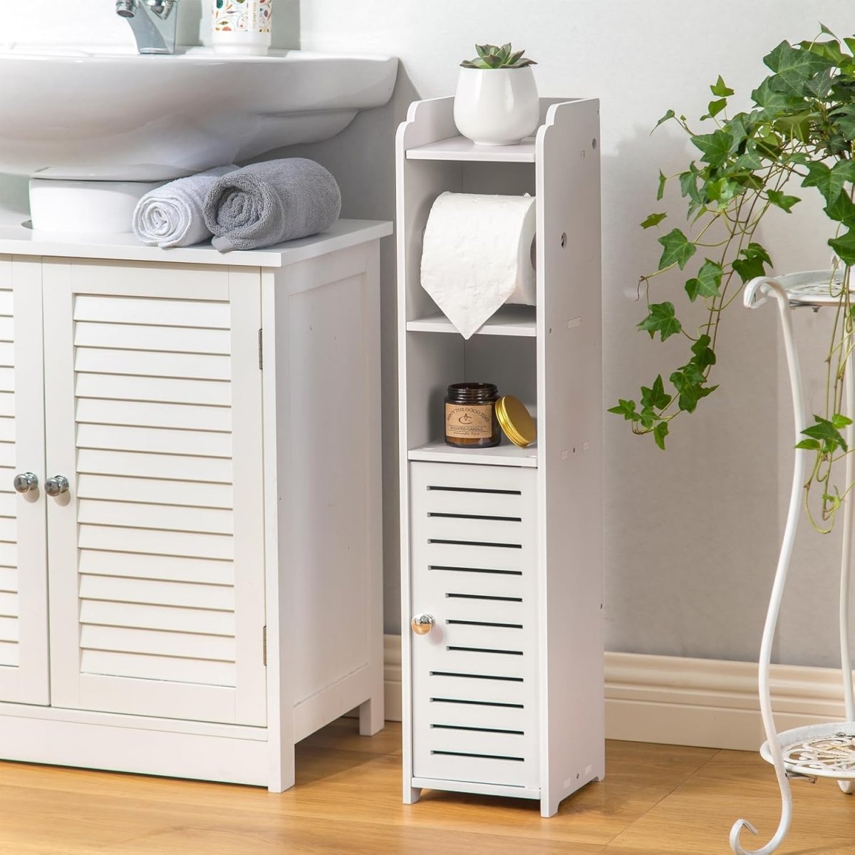 AOJEZOR Toilet Paper Holder Stand: No Drill PVC Small Bathroom Cabinet for Apartment Dwellers - Rental Deposit Protection - Small Space Storage Saving - Homesidy.com