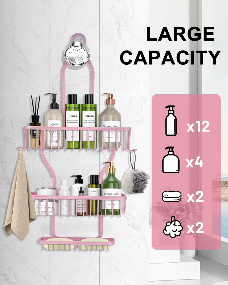 MSAICOE Shower Caddy Hanging - Never Rust Shower Hanging Organizer - Aluminum Over the ShowerHead Caddy with Soap Basket and 6 Hooks for Razor/Sponge (Black) - Homesidy.com