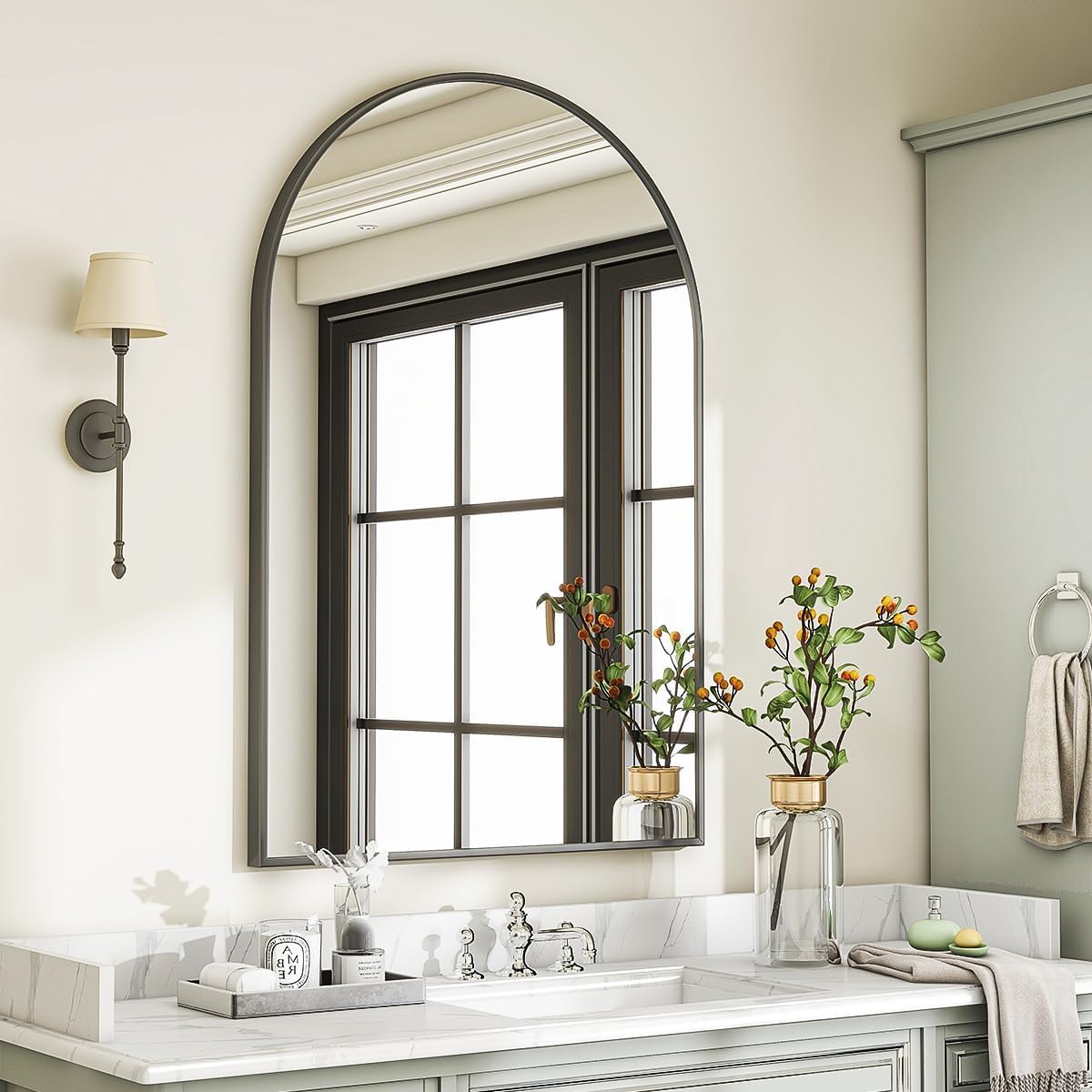 VooBang Arched Wall Mirror, 30 x 38 inch Arch Bathroom Mirror, Wall Mounted Vanity Mirror with Arch Metal Frame, Modern Bathroom Vanity Mirror for Bedroom, Living Room, Hanging or Leaning, Black - Homesidy.com