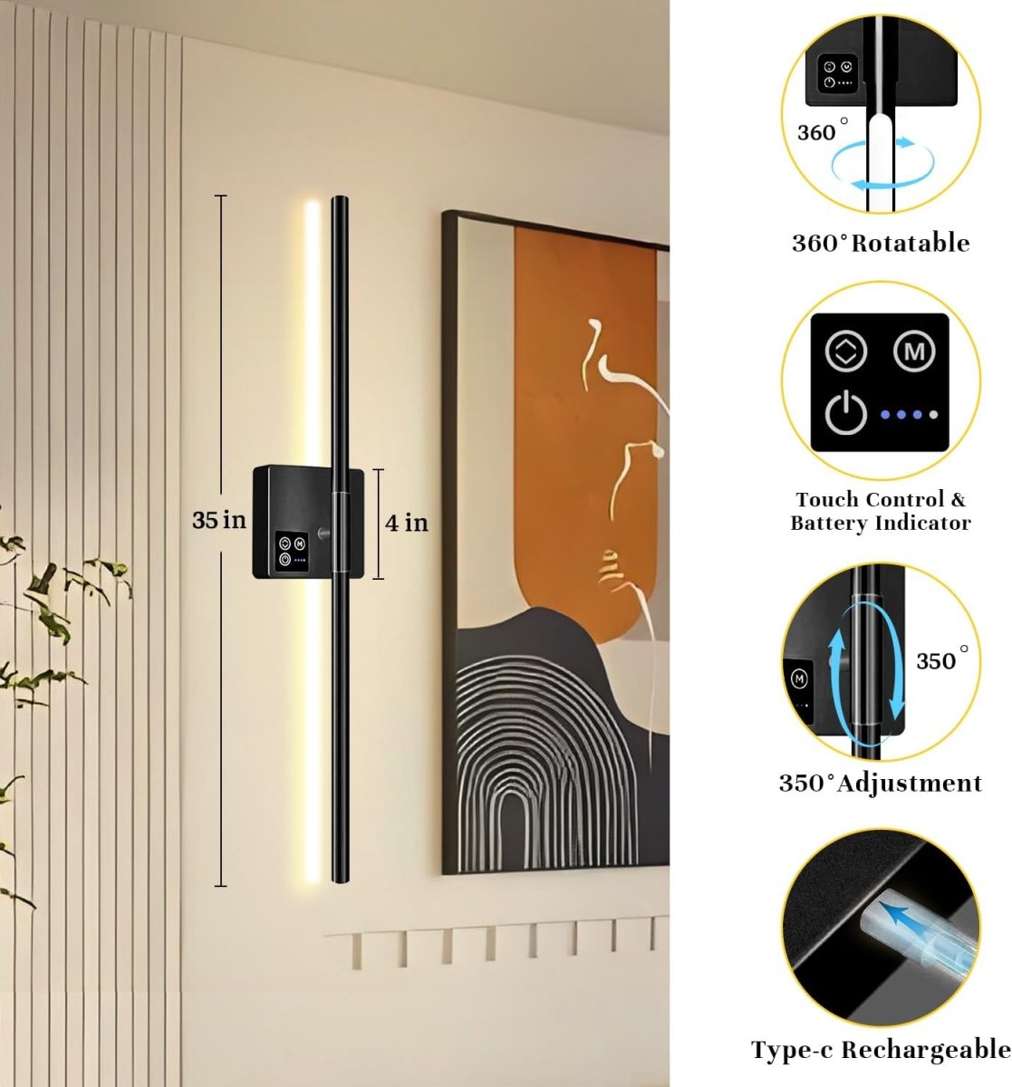 31in Wireless Wall Sconces Set of Two, [Creates Sunset Glow Ambiance] Dimmable 2700K–6000K with 8000mAh Battery &amp; Display, Touch/Remote Control, Rechargeable Wall Lamps for Home Decor – Black - Homesidy.com