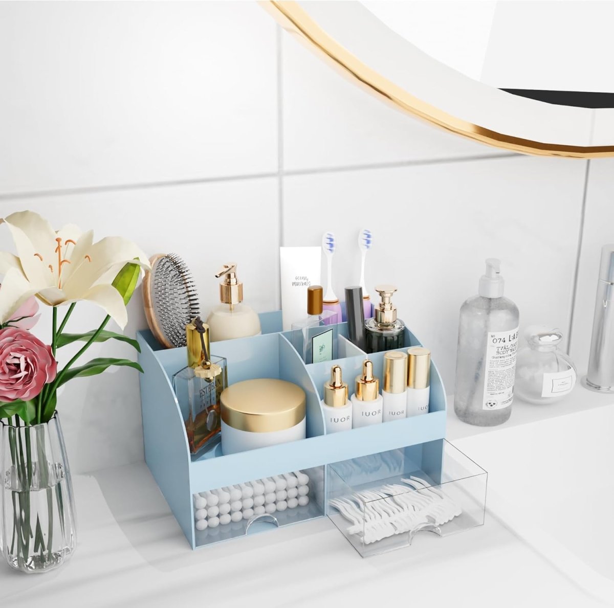 Makeup Organizer with Drawers, Cosmetic Storage for Dresser Vanity and Bathroom Countertop, Beauty Holder for Lipstick Brush, Skincare Organizer for Vanity, Cosmetic Display Case (White) - Homesidy.com