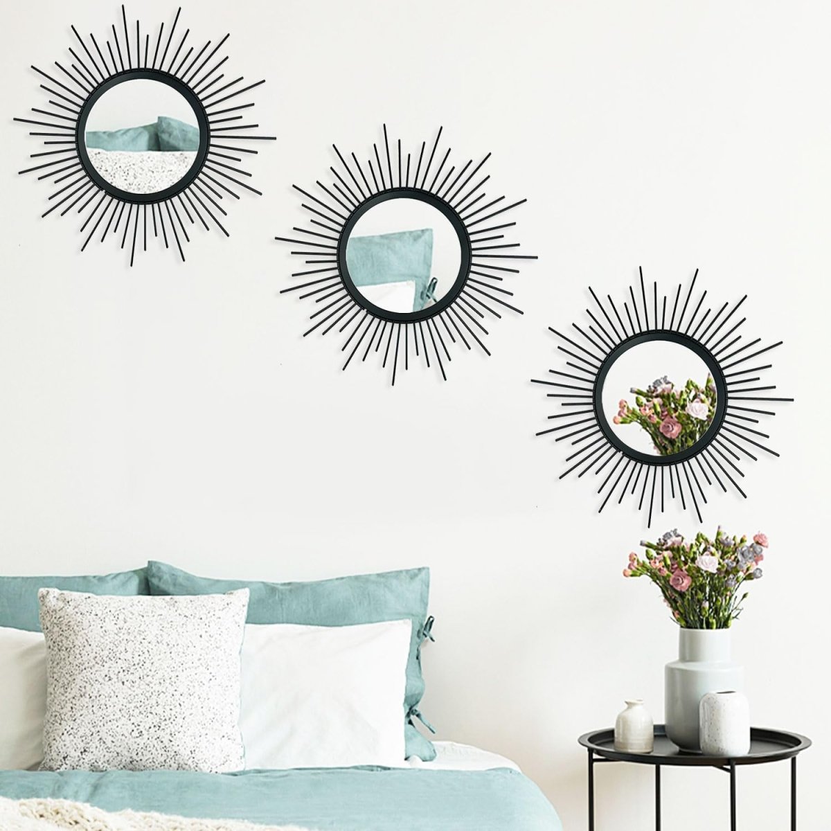 3 Pack Metal Mirrors for Wall Sunburst Wall Mirrors Home Décor Decorative Hanging Wall Art for Living Room Bedroom Entryway (Gold, Flower Sunburst) - Homesidy.com