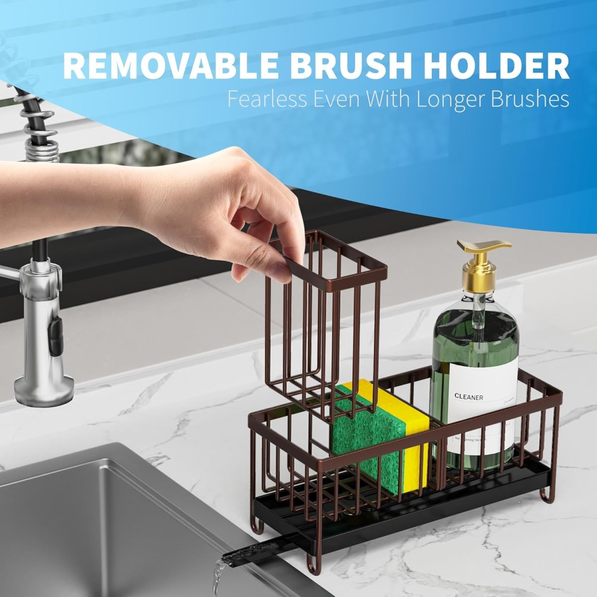 Cisily Black Sponge Holder for Kitchen Sink, Sink Caddy Organizer with High Brush Holder, Kitchen Countertop Organizers and Storage Essentials, Rustproof 304 Stainless Steel, Soap Dispenser Organize - Homesidy.com