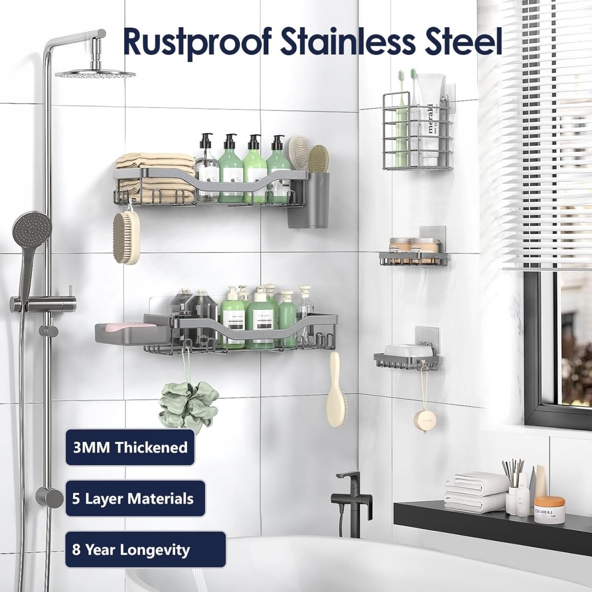 NESOMI Shower Caddy Adhesive Shower Organizer 7 - Pack, Rustproof Stainless Steel Bathroom Shelves, Large Capacity No - Drill Rack Storage Accessories with Soap Dish Toothbrush Holder &amp;24 Hooks Home Decor - Homesidy.com