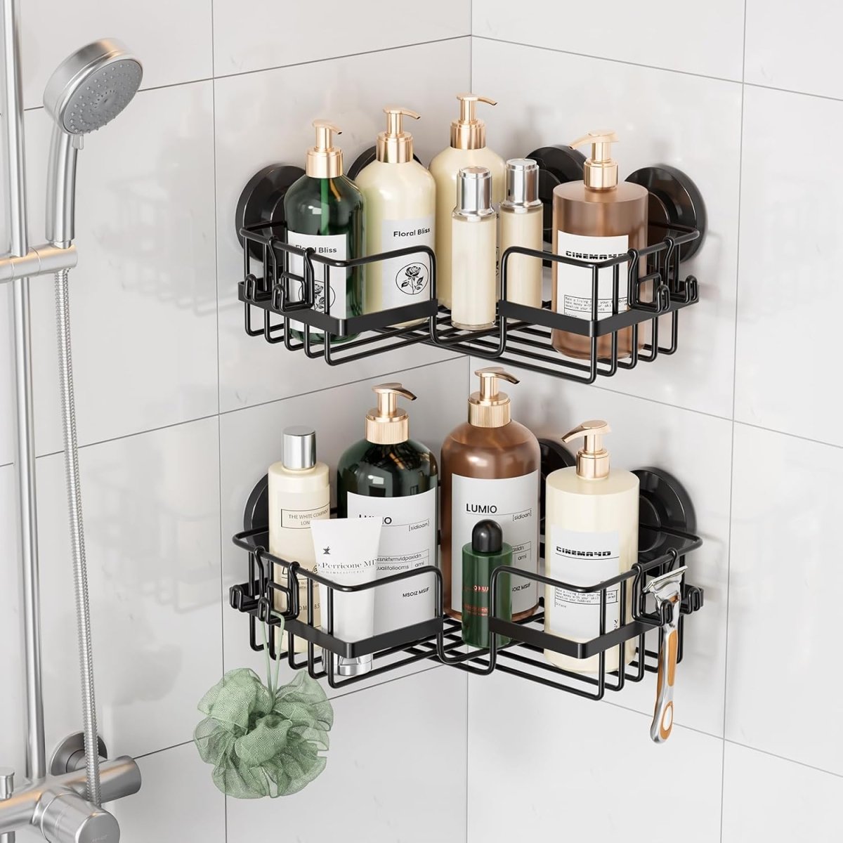 LEVERLOC Corner - adaptive Suction Cup Shower Caddies 2 Pack, Stainless Steel Rustproof Corner Shower Shelf, Large Capacity Removable Suction Cup Bathroom Organizer, Drill - Free Wall Mounted Basket, Gray - Homesidy.com