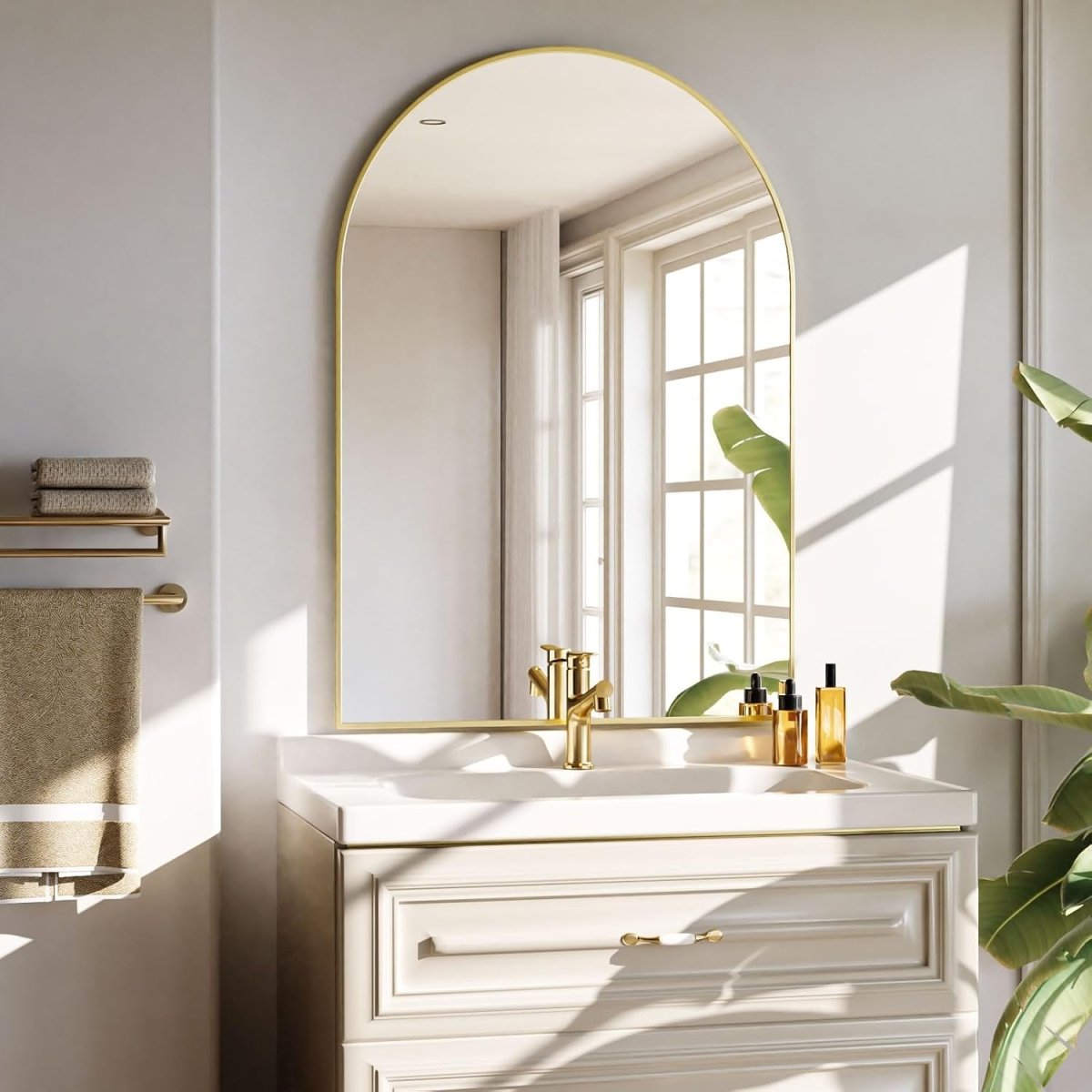 VooBang Arched Wall Mirror, 30 x 38 inch Arch Bathroom Mirror, Wall Mounted Vanity Mirror with Arch Metal Frame, Modern Bathroom Vanity Mirror for Bedroom, Living Room, Hanging or Leaning, Black - Homesidy.com