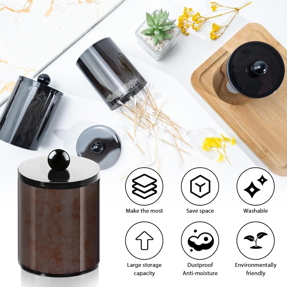 XIPENGKEJI 2 Pack Qtip Holder,Canister Apothecary Jar Set, Bathroom Jars with Lids Set for Cotton Swabs, Balls, Pads, Floss Picks,10oz - 12oz Plastic Canisters Restroom Bedroom Vanity Organizer(Black) - Homesidy.com