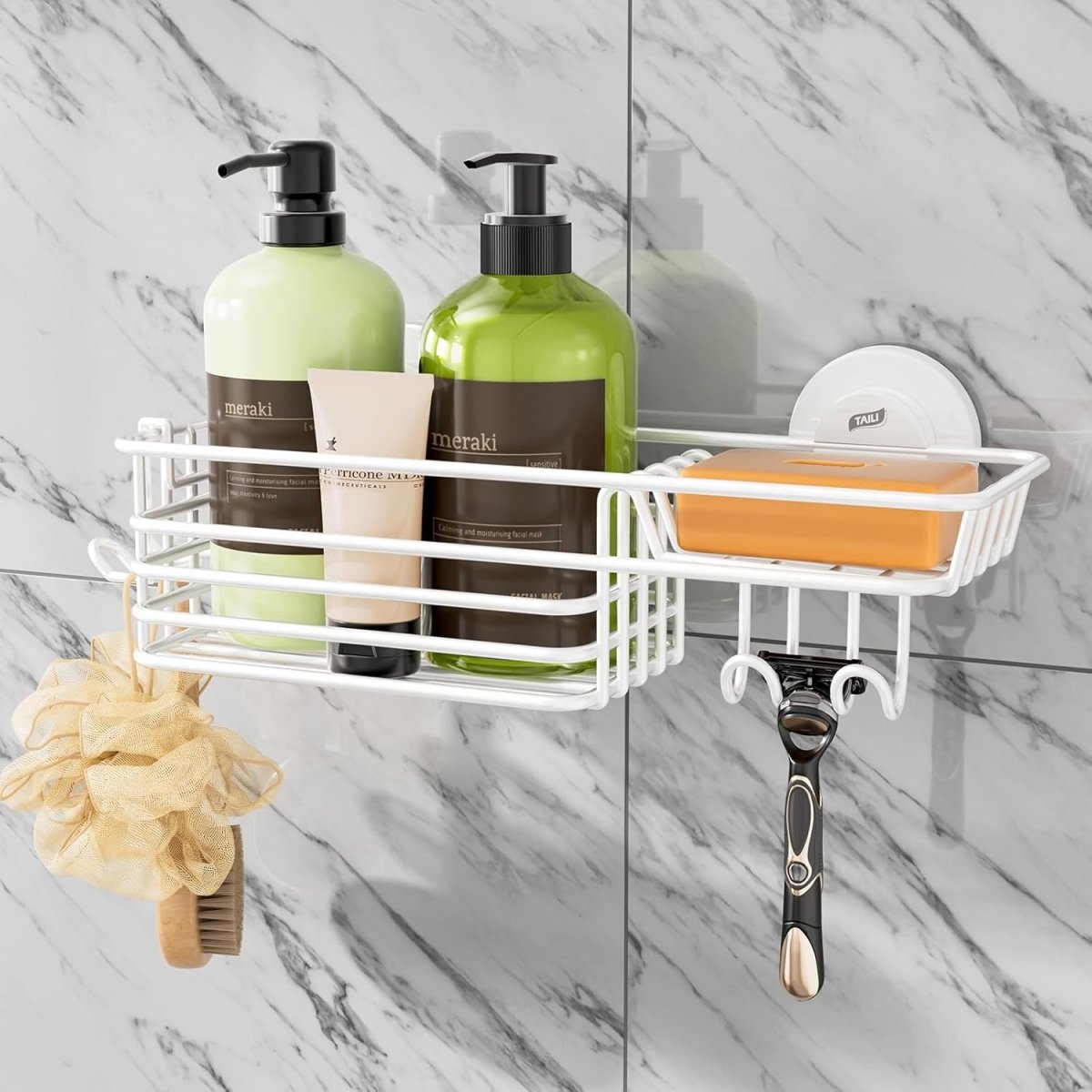 TAILI Shower Caddy Suction Cup 2 Pack with Hooks &amp; Soap holder, Heavy Duty Shower Organizer for Bathroom, No Drilling Bathroom Organizer with Large Capacity, Black Metal Storage Basket - Homesidy.com