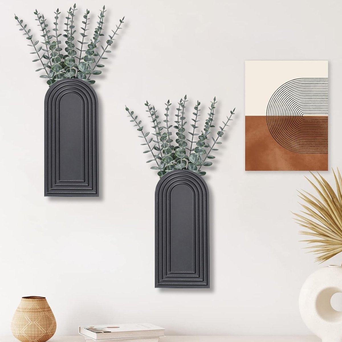 Dnnnii 2 Pack Wooden Wall Vase Set - Brown Finish Modern Farmhouse &amp; Boho Wall Decor for Entryway, Hallway, Bathroom, Living Room, Dining Room, Narrow Spaces - Homesidy.com