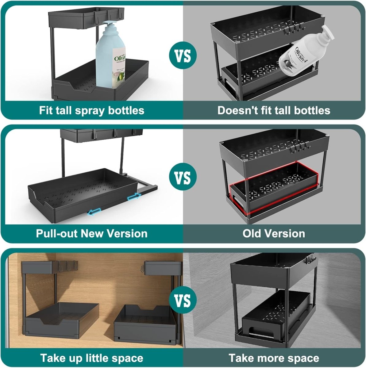 2 Pack Under Sink Organizer 2 Tier Sliding Cabinet Organizers Multi - Purpose Sink Storage Basket L - Shape Narrow Space Storage Shelves with 4 Hook for Kitchen Bathroom Drawer, Black - Homesidy.com