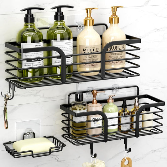 Shower Caddy, Adhesive Shower Organizer with Soap Dish and 4 Hooks, Rustproof Stainless Steel Shower Shelves, Wall Mounted No Drilling Storage Shelf Basket Accessories for Bathroom &amp; Kitchen - Homesidy.com