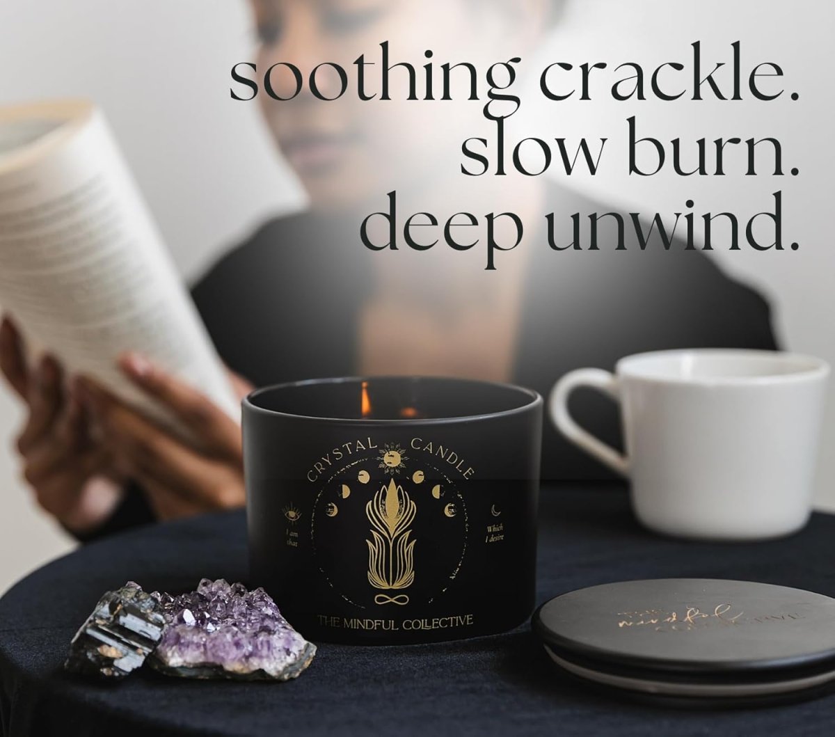 Black Crystal Candle for Women - 12oz Wood Wick Candle That Crackles with Natural Soy Wax. Luxurious Slow Burn, for Meditation. Includes Amethyst &amp; Smokey Quartz Crystals - Homesidy.com