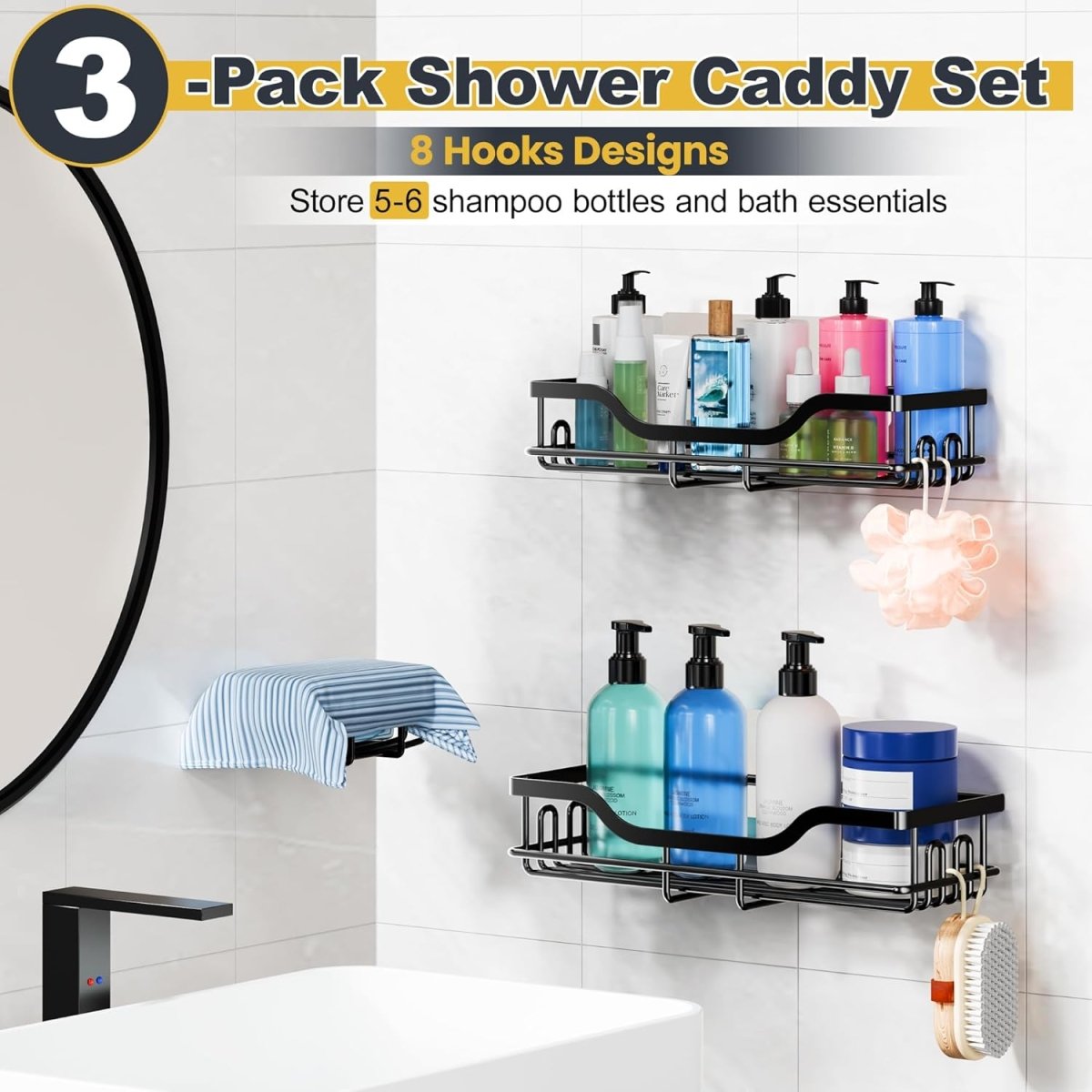 OMAIRA 3 - Pack Shower Caddy with Soap Holder, Adhesive Rustproof No - drill Strudy Loading Inside Shower Organizer Shelves Rack Storage Bathroom Organization for Smooth Wall Glass Tile, Black (Large) - Homesidy.com