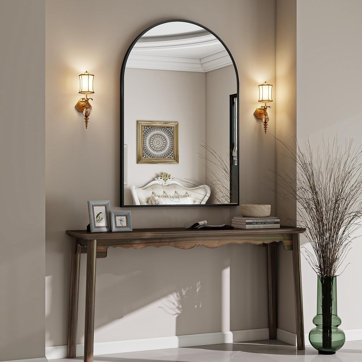 VooBang Arched Wall Mirror, 30 x 38 inch Arch Bathroom Mirror, Wall Mounted Vanity Mirror with Arch Metal Frame, Modern Bathroom Vanity Mirror for Bedroom, Living Room, Hanging or Leaning, Black - Homesidy.com