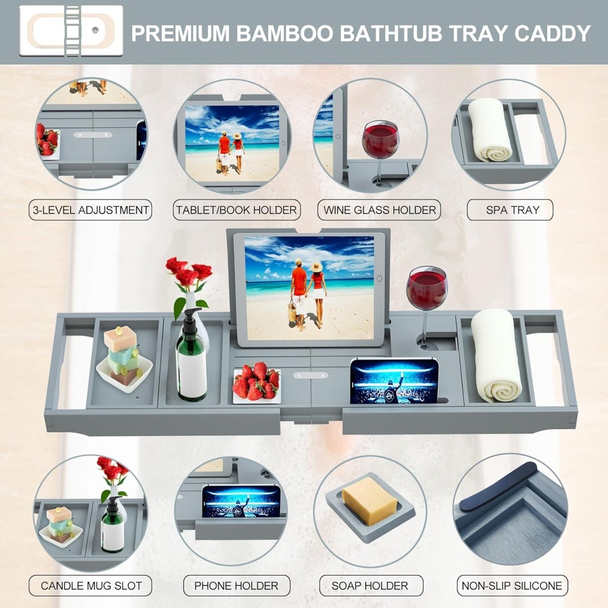 Premium Bamboo Bathtub Tray Caddy - Bath Tub Tray Table for Bathtub - Bath Caddy Tray for Bathtub, Expandable Size, Fits Most Bath Tubs - Homesidy.com