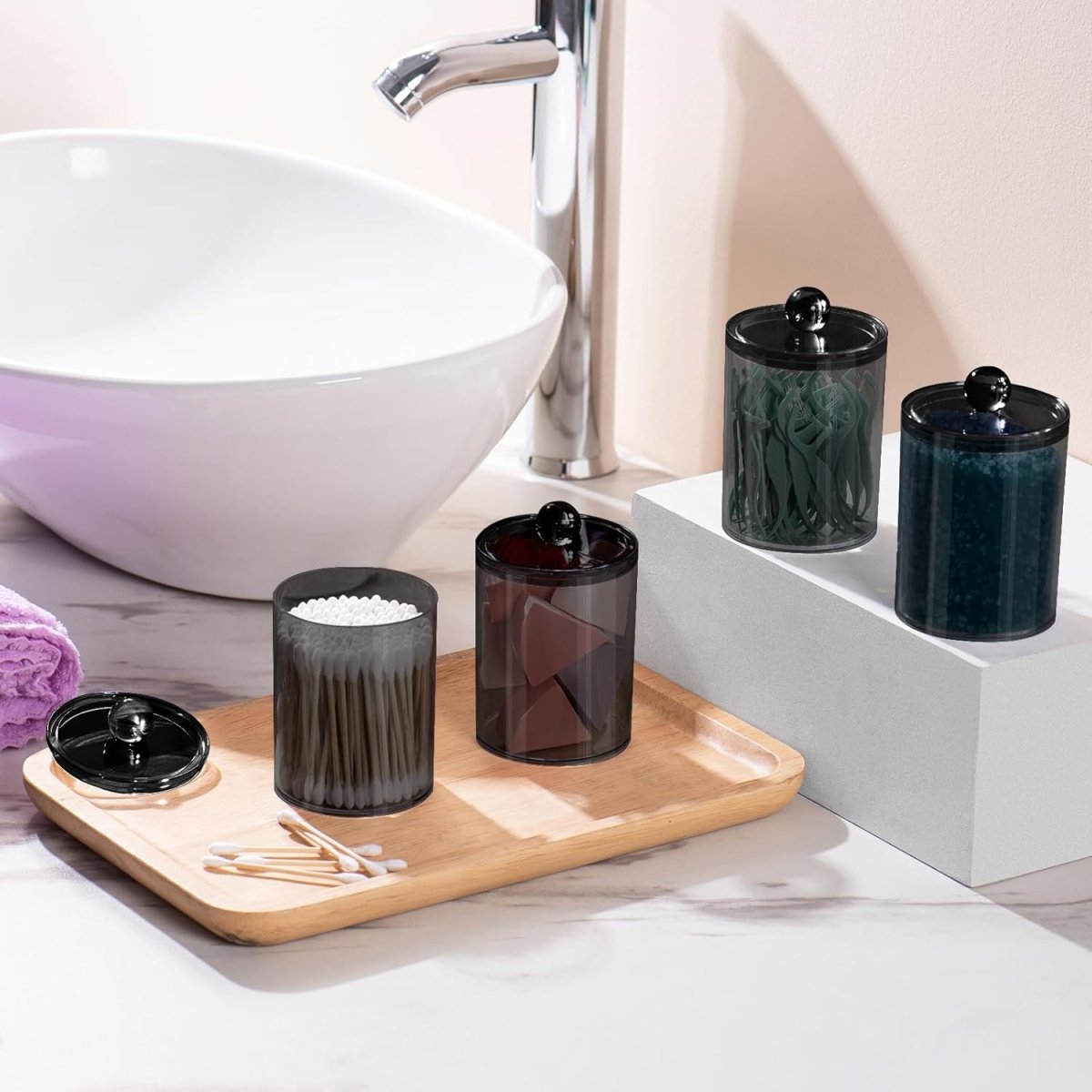 XIPENGKEJI 2 Pack Qtip Holder,Canister Apothecary Jar Set, Bathroom Jars with Lids Set for Cotton Swabs, Balls, Pads, Floss Picks,10oz - 12oz Plastic Canisters Restroom Bedroom Vanity Organizer(Black) - Homesidy.com