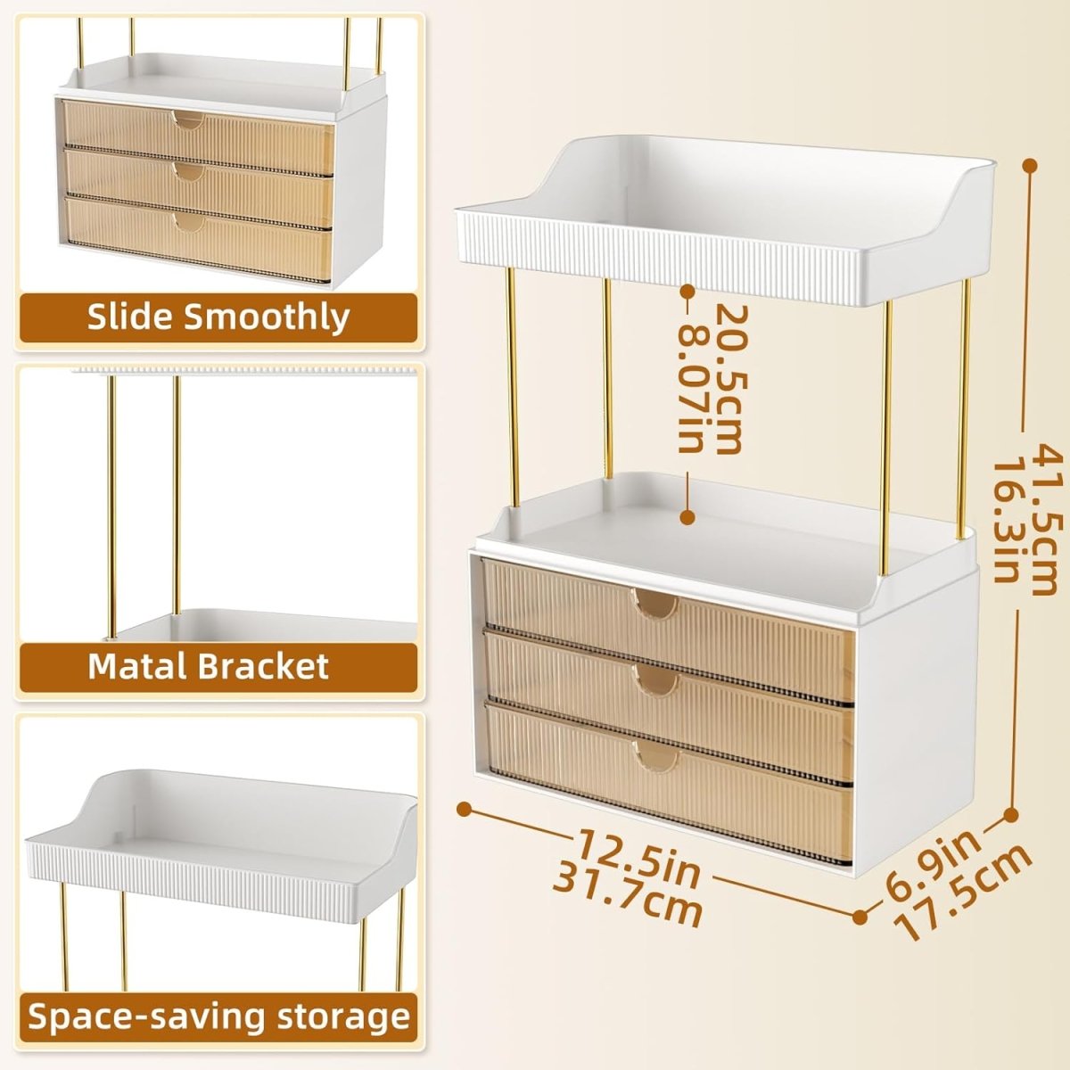 StorBin 3 Drawers Makeup Organizer - 5 Tier Bathroom Counter Organizers and Storage, Versatile Perfume Vanity Organizer, Ideal for Cosmetic, Large Skincare, Face Mask, Office Supplies, Amber - Homesidy.com