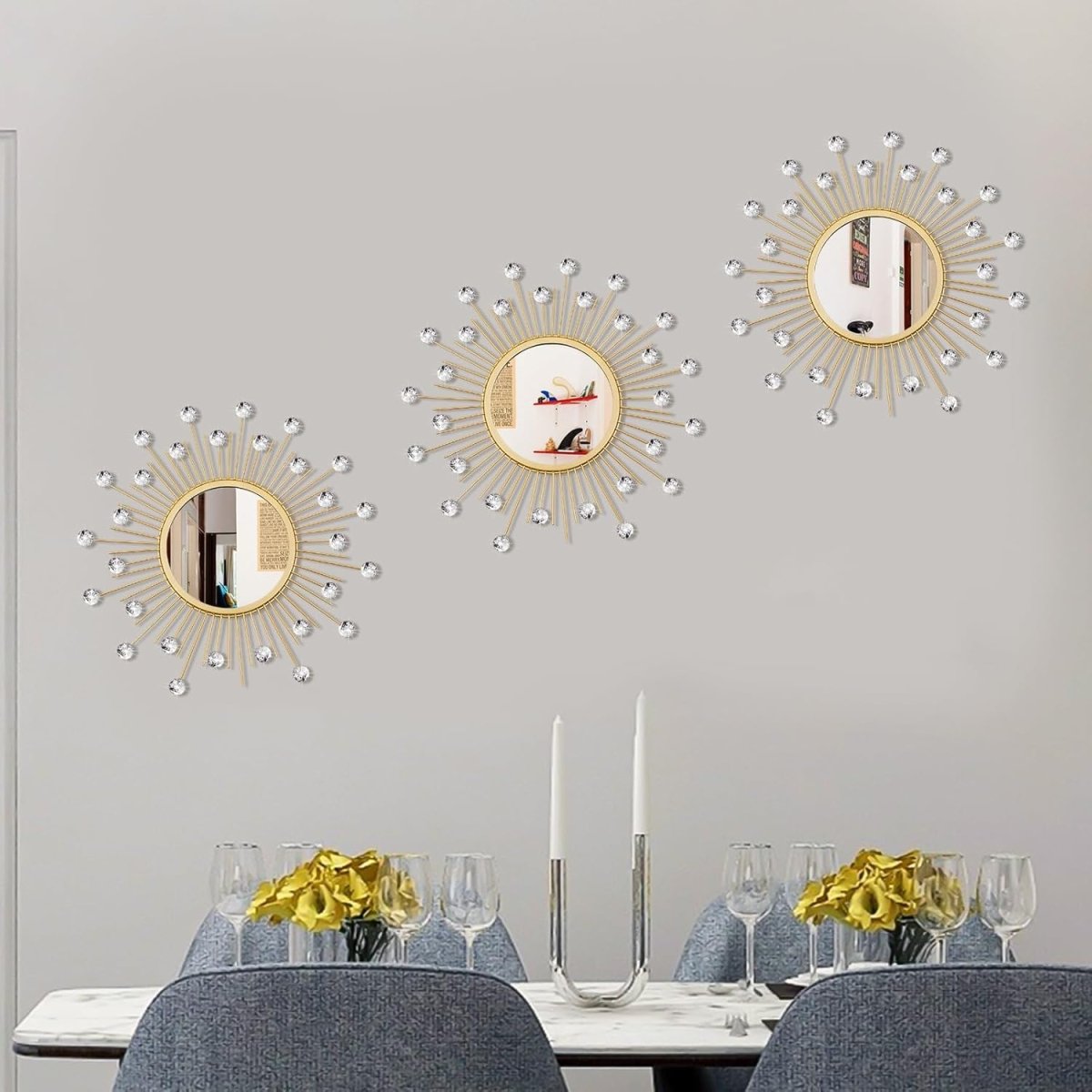 3 Pack Metal Mirrors for Wall Sunburst Wall Mirrors Home Décor Decorative Hanging Wall Art for Living Room Bedroom Entryway (Gold, Flower Sunburst) - Homesidy.com