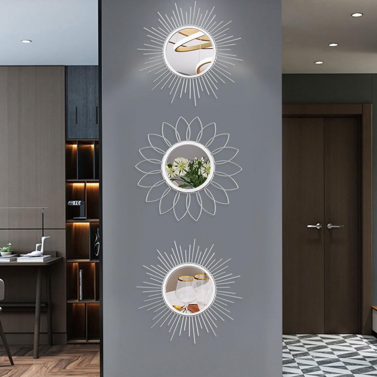 3 Pack Metal Mirrors for Wall Sunburst Wall Mirrors Home Décor Decorative Hanging Wall Art for Living Room Bedroom Entryway (Gold, Flower Sunburst) - Homesidy.com