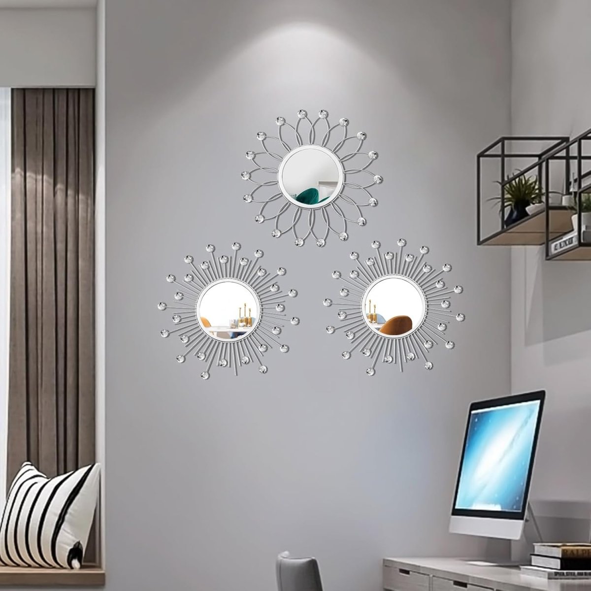 3 Pack Metal Mirrors for Wall Sunburst Wall Mirrors Home Décor Decorative Hanging Wall Art for Living Room Bedroom Entryway (Gold, Flower Sunburst) - Homesidy.com