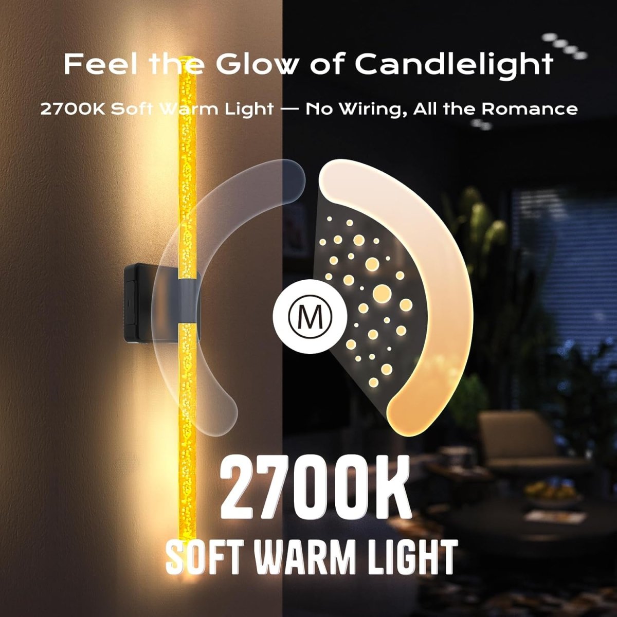 31in Wireless Wall Sconces Set of Two, [Creates Sunset Glow Ambiance] Dimmable 2700K–6000K with 8000mAh Battery &amp; Display, Touch/Remote Control, Rechargeable Wall Lamps for Home Decor – Black - Homesidy.com