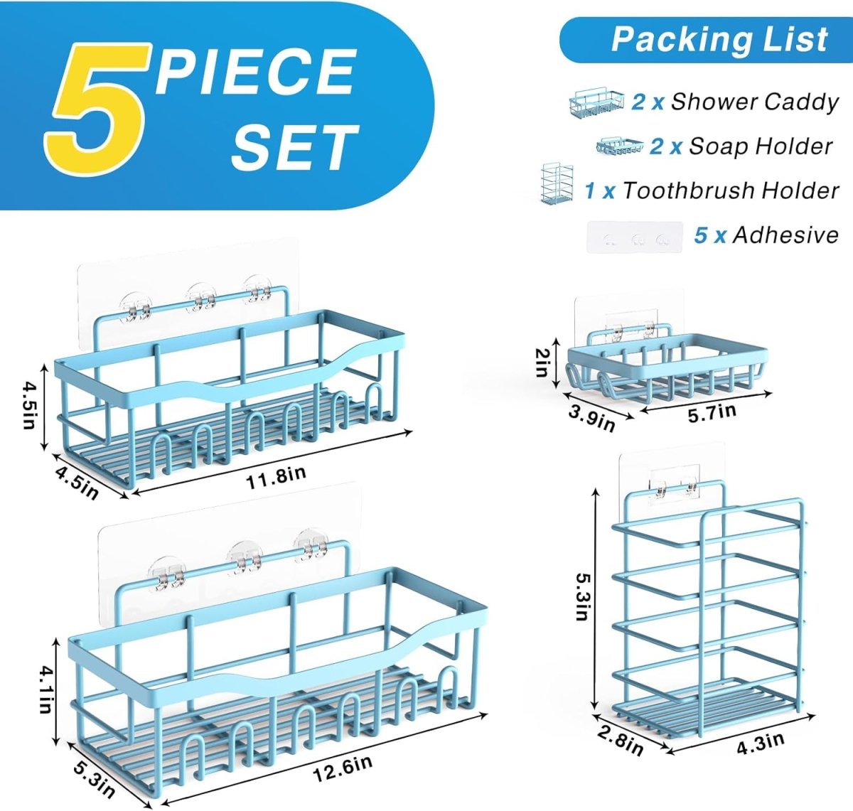 EUDELE Adhesive Shower Caddy, 5 Pack Rustproof Stainless Steel Bath Organizers With Large Capacity, No Drilling Shelves for Bathroom Storage &amp; Home Decor - Homesidy.com