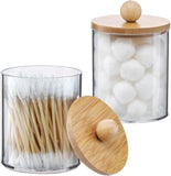 4 Pack Qtip Holder Dispenser with Bamboo Lids - 10 oz Clear Plastic Apothecary Jar Containers for Vanity Makeup Organizer Storage - Bathroom Accessories Set for Cotton Swab, Ball, Pads, Floss - Homesidy.com
