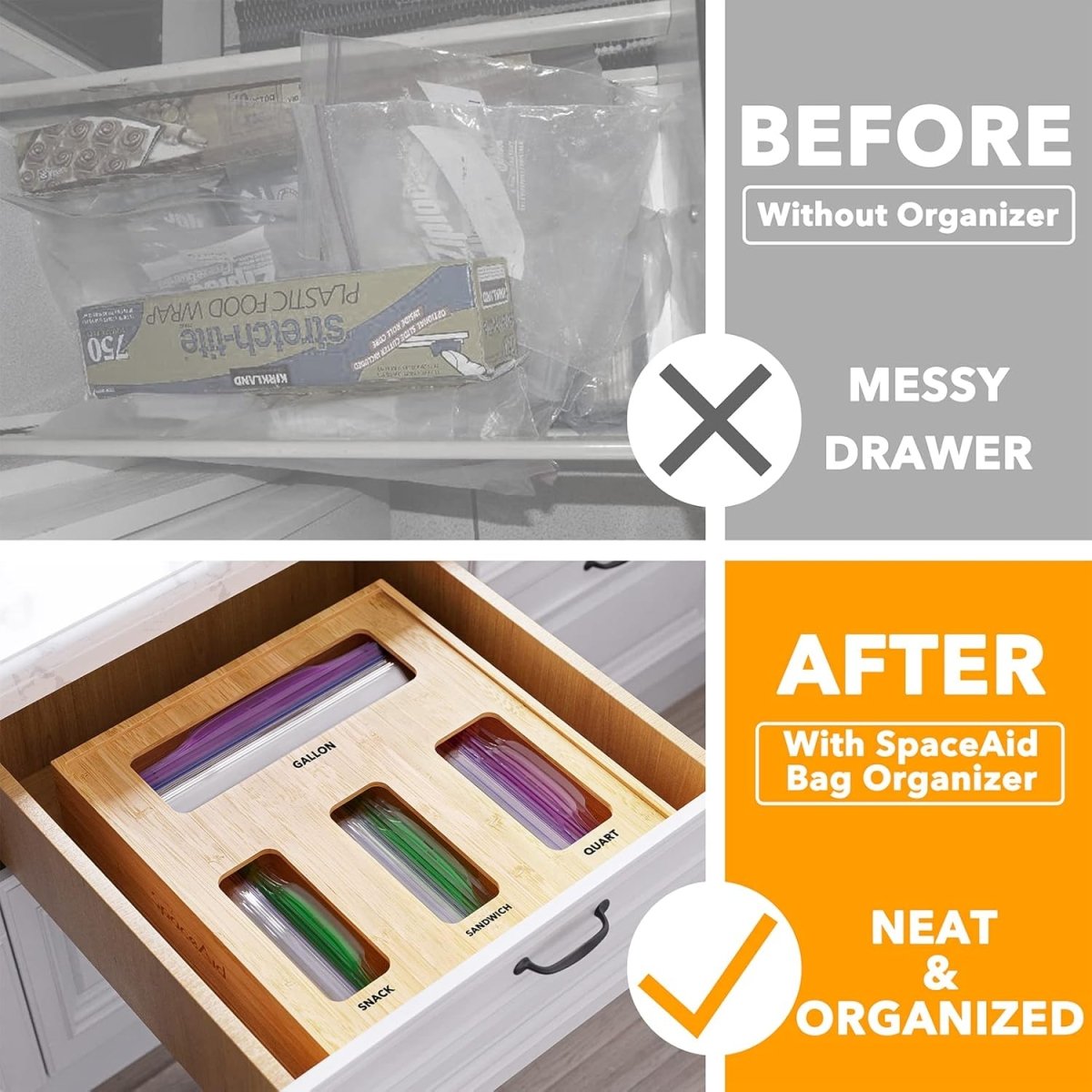 SpaceAid Bag Storage Organizer for Kitchen Drawer, Bamboo Organizer, Compatible with Gallon, Quart, Sandwich and Snack Variety Size Bag (1 Box 4 Slots) - Homesidy.com