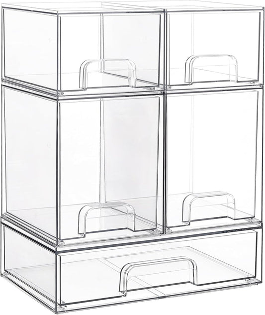Vtopmart Stackable Storage Drawers Set of 5, Clear Plastic Organizer Bins for Baby Bottle, Beauty Supplies Storage, Ideal for Kichen Countertop, Vanity, Bathroom, Cabinet, Pantry Organization - Homesidy.com