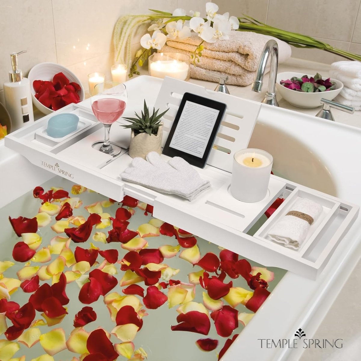 Temple Spring Wooden Bathtub Tray, Bamboo Bathroom Accessories, Bath Tray for Tub, at Home Spa Essentials, Board for Tub Table, Bath Caddy for Bathtub Accessories &amp; Bathroom Essentials – Natural - Homesidy.com