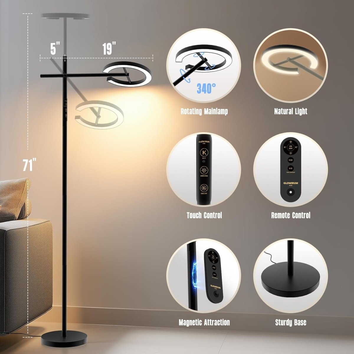GLOWRIUM Smart Light Therapy Lamp, 10000 Lux UV - Free Sun Lamp, 2700 - 6500K Floor Lamp Therapy Light, Stepless Dimmable Energy Sunlight with App &amp; Remote, Timer, Cozy Light Settings for Winding Down - Homesidy.com