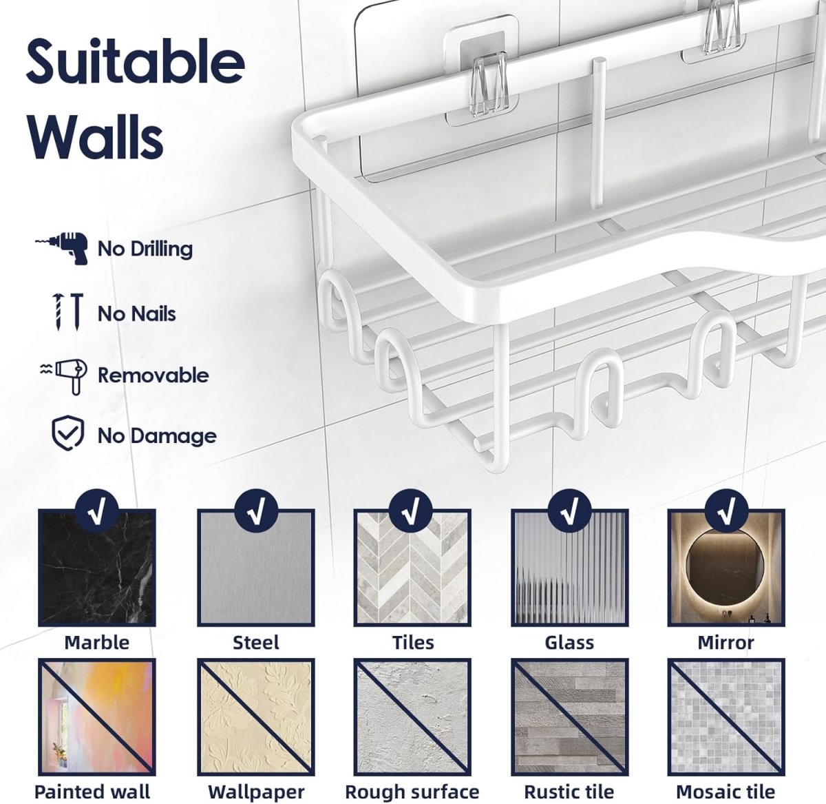 NESOMI Shower Caddy Adhesive Shower Organizer 7 - Pack, Rustproof Stainless Steel Bathroom Shelves, Large Capacity No - Drill Rack Storage Accessories with Soap Dish Toothbrush Holder &amp;24 Hooks Home Decor - Homesidy.com