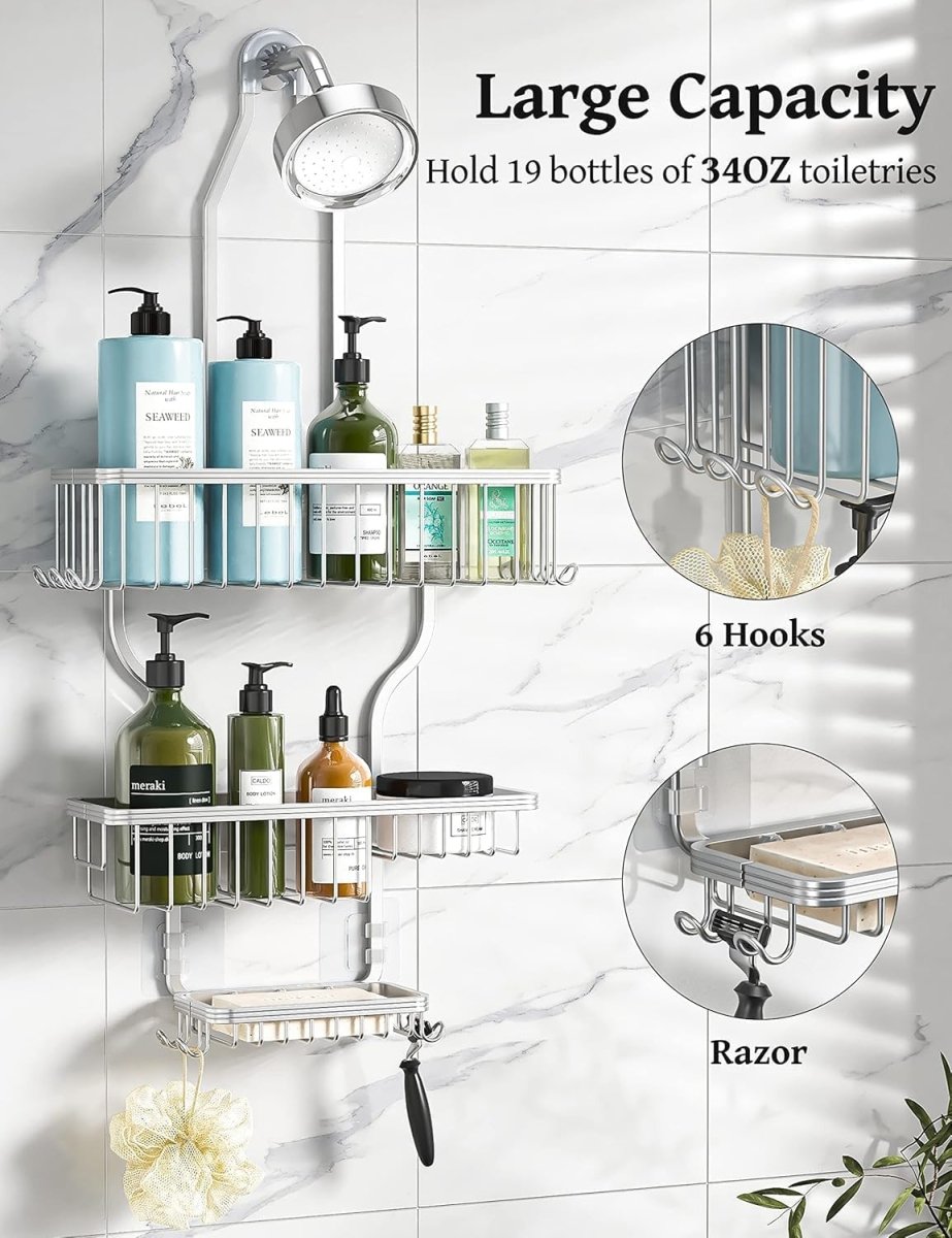 YASONIC Shower Caddy Hanging - Never Rust Shower Organizer - Aluminum Over The Head Caddy with 10 Hooks for Razor/Sponge - Rack with Soap Basket - Silver - Homesidy.com