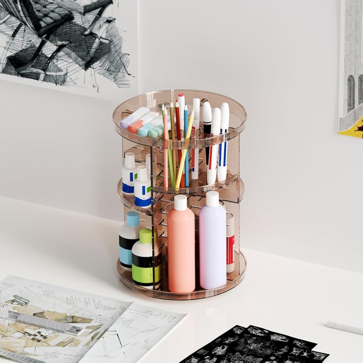Rotating Makeup Organizer, DIY 8 Adjustable Layers Spinning Skincare Organizer, Cosmetic Display Case with Brush Holder Perfume Tray, Multi - Function Storage Carousel for Vanity Bathroom Countertop - Homesidy.com