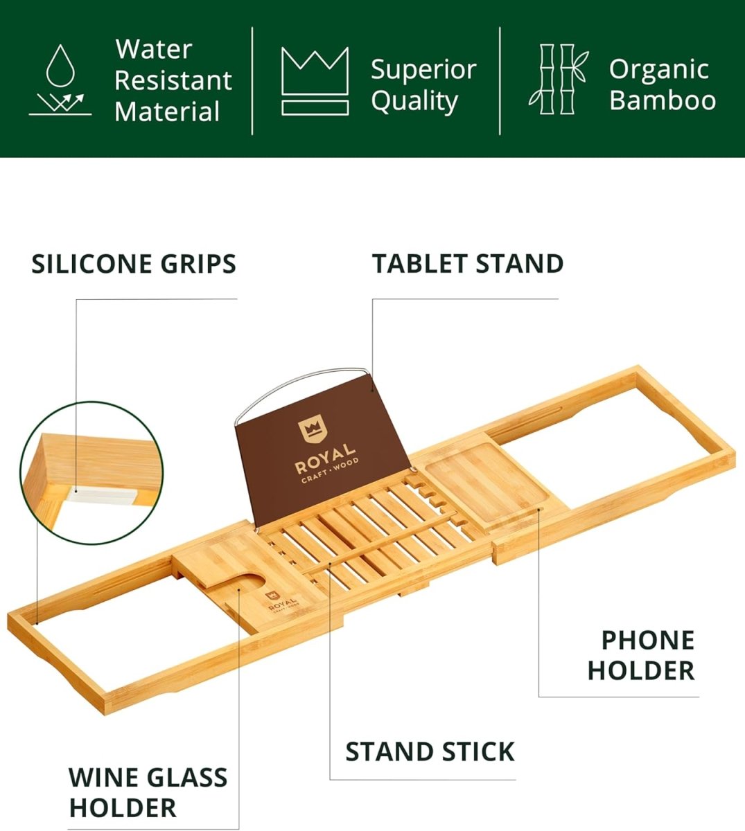 ROYAL CRAFT WOOD Bathtub Tray Caddy for Tub, Bamboo Bath Shelf, Premium Foldable Wood Bath Table, Expandable Bathtub &amp; Bathroom Accessories, New Home Gifts for Mom, Housewarming, Anniversary, Wedding - Homesidy.com
