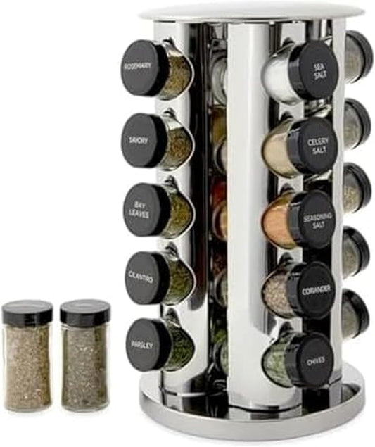 Kamenstein 20 Jar Revolving Countertop Spice Rack with Spices Included, FREE Spice Refills for 5 Years, Polished Stainless Steel with Black Caps, 30020 - Homesidy.com